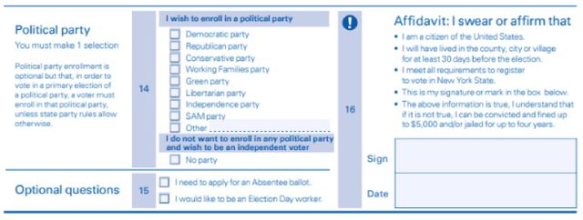 A screengrab of the voter party change form, highlighting the section, number 14, where you can change your party affiliation